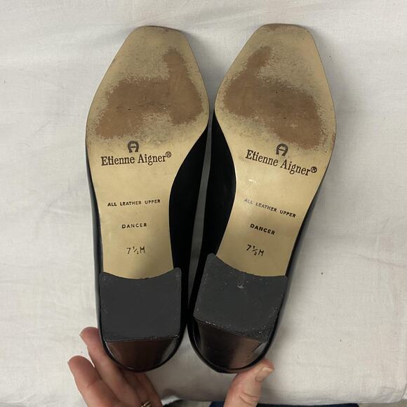 VTG Etienne Aigner Heels Womens 7.5 Black Leather Pumps Square Toe Chunky Heel - Picture 9 of 14